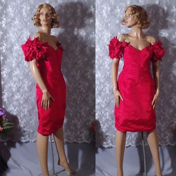 Vintage 80s Dress 1980s Red Cocktail Glam Wiggle Midi Tadashi Size Small S/M - Picture 1 of 5